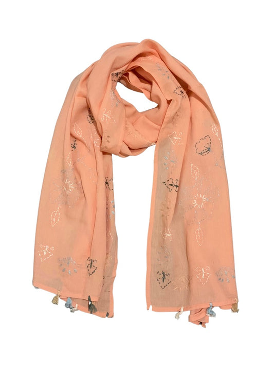 Embroidered Flower Cotton Scarf - Orange