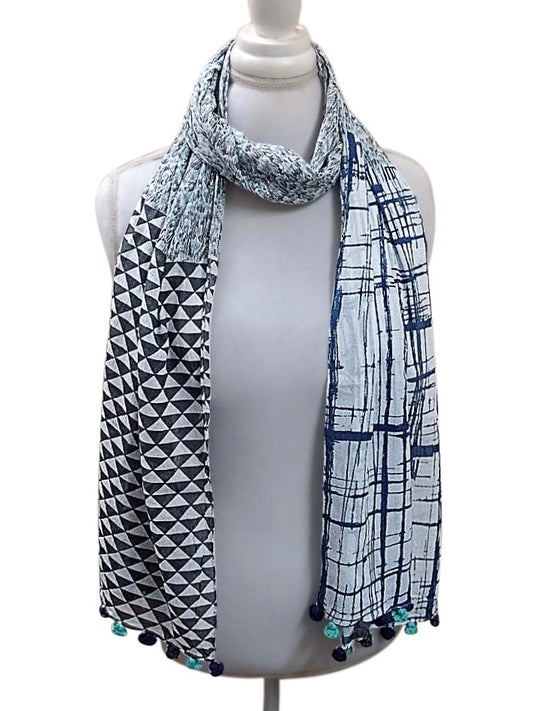 Lattice Cotton Scarf With Tassels - Blue