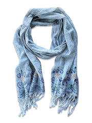 Embroidered Cotton Scarf With Tassels - Flower/Stripe Print