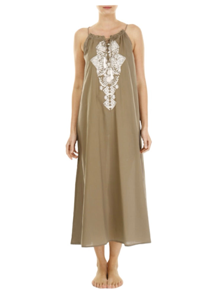 Palme Long Cotton Embroidered Dress - Brown
