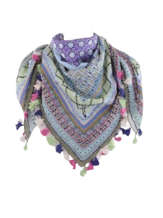 Palme Cotton Square Embroidered Pom Pom Scarf - Purple