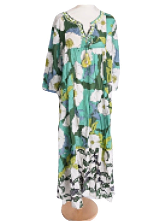 Palme Hand Embroidered Flower Tunic Dress L/XL - Dark Green