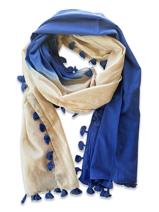 Two-Toned Tassel Scarf - Blue/Beige