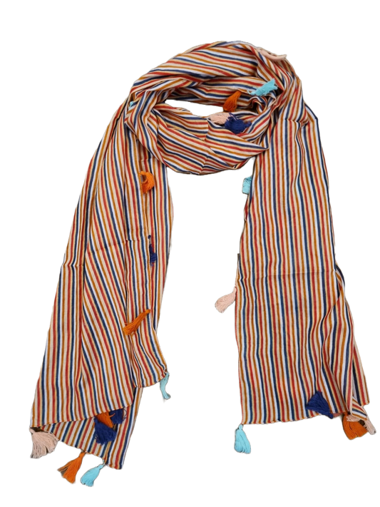 Pom Pom Striped Scarf - Orange