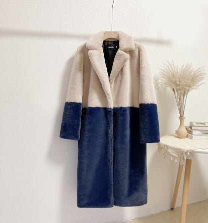 Two Toned Faux Fur Coat - CREAM-NAVY