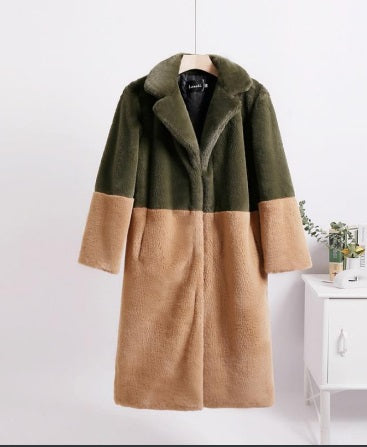 Two Toned Faux Fur Coat - Green-Brown