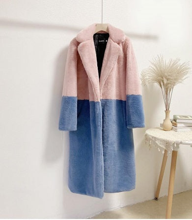 Two Toned Faux Fur Coat - PINK-BLUE