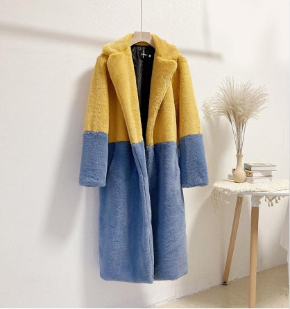 Two Toned Faux Fur Coat - YELLOW-BLUE