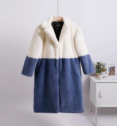 Two Toned Faux Fur Coat - CREAM-BLUE