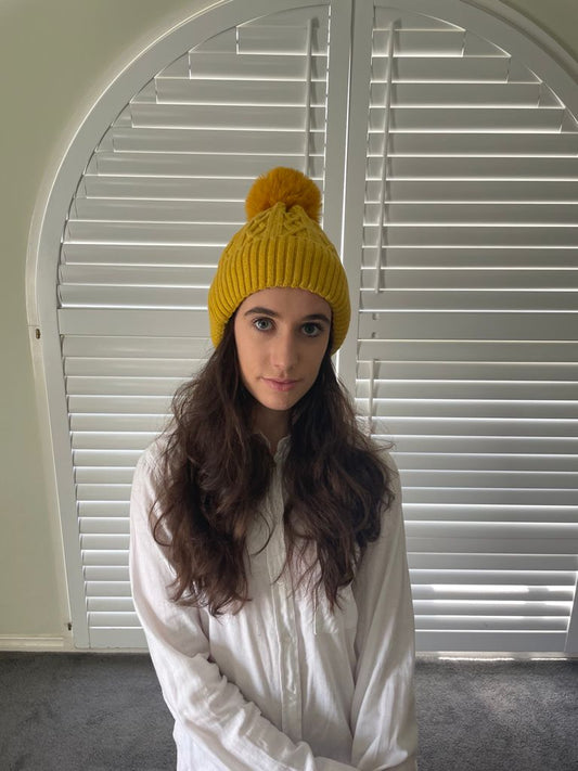 WINTER POM POM BEANIE - MUSTARD