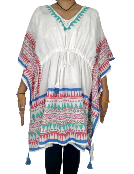 White , red, green and Blue Patterned Kaftan