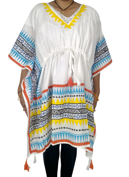 White, blue, yellow patterned Kaftan