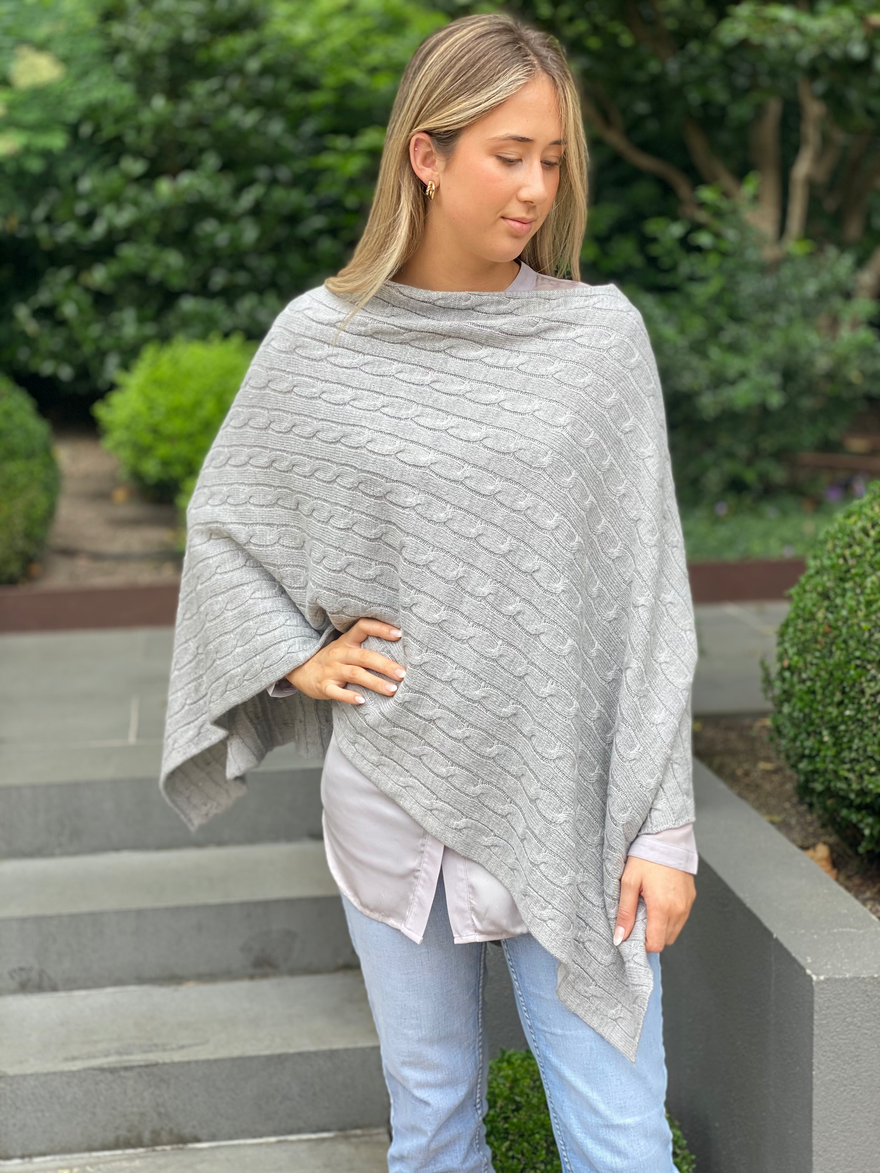Cable Knit Poncho - Light Grey