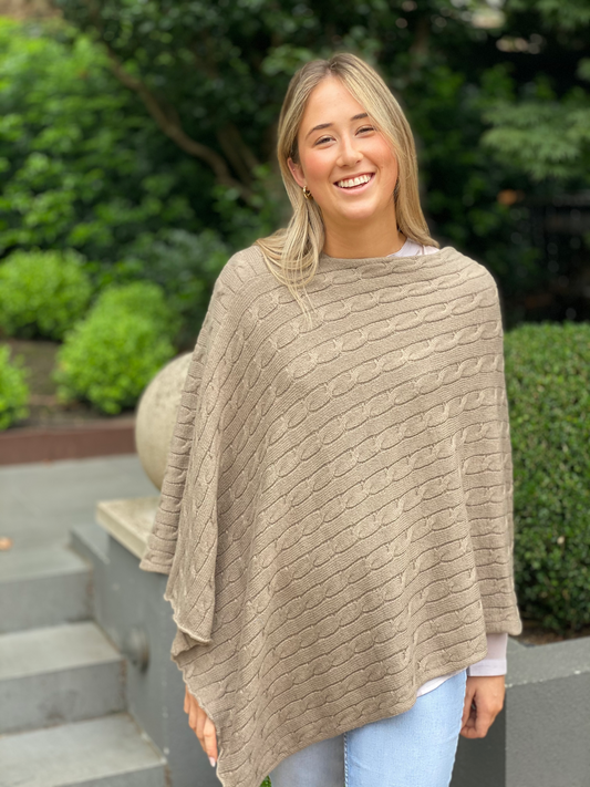 Cable Knit Poncho - Beige - CinnamonCreations