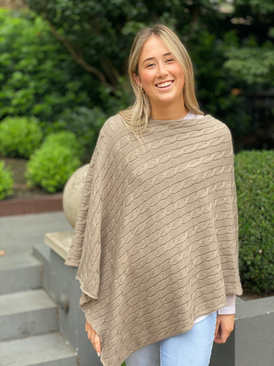 Cable Knit Poncho - Beige