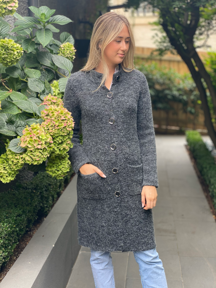 Button Up Wool Coat - Charcoal - CinnamonCreations