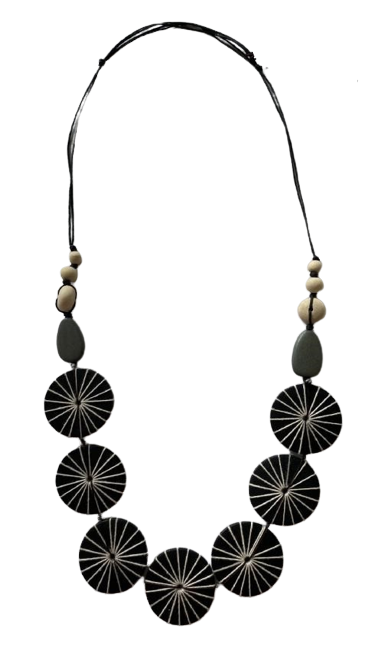 Black and White Embroidered Wooden Bead Necklace N6-5944bal