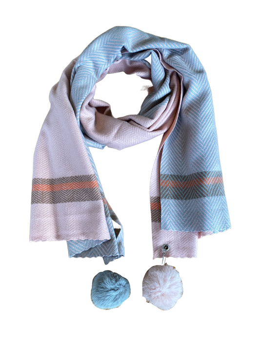 Pom Pom Stripe Scarf - Pink/Blue