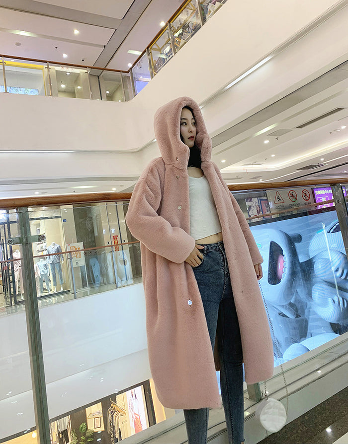 Pink Soft hooded faux fur Coat
