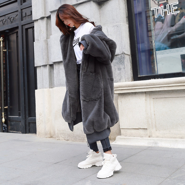 Grey Soft hooded faux fur Coat