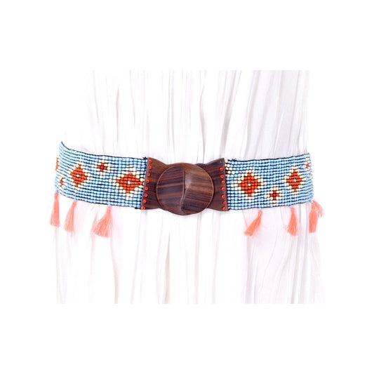 Elastic Beaded Belt with Pompoms - Bleu Clair