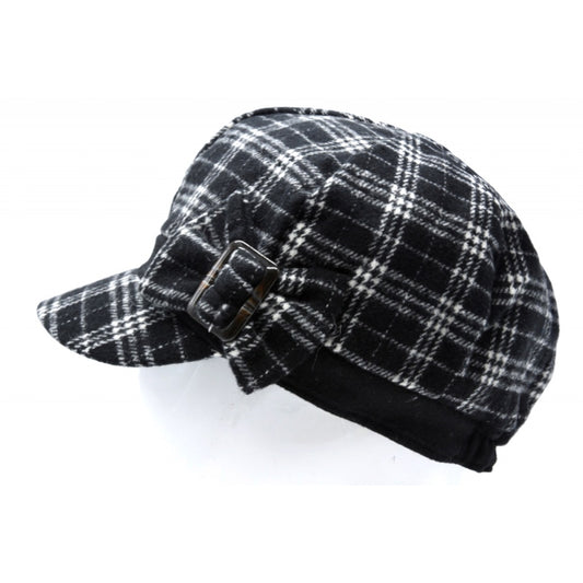 Noir Gavroche Cap With Tartan Motif