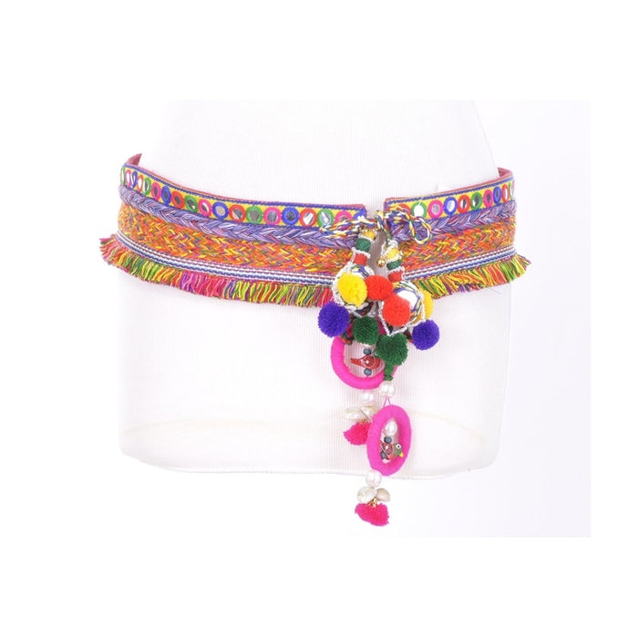 Indian Belt With Charms and Pompoms- Rouge Fonce
