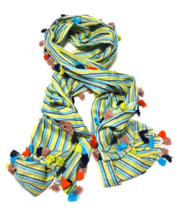 Pom Pom Striped Scarf -Lime