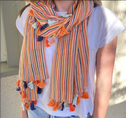 Pom Pom Striped Scarf - Orange