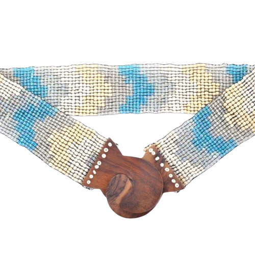 Pearl Elastic Belt With Wooden Buckle - Bleu Clair