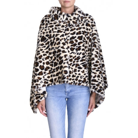 Faux Leopard Fur Collar Poncho - Ecru