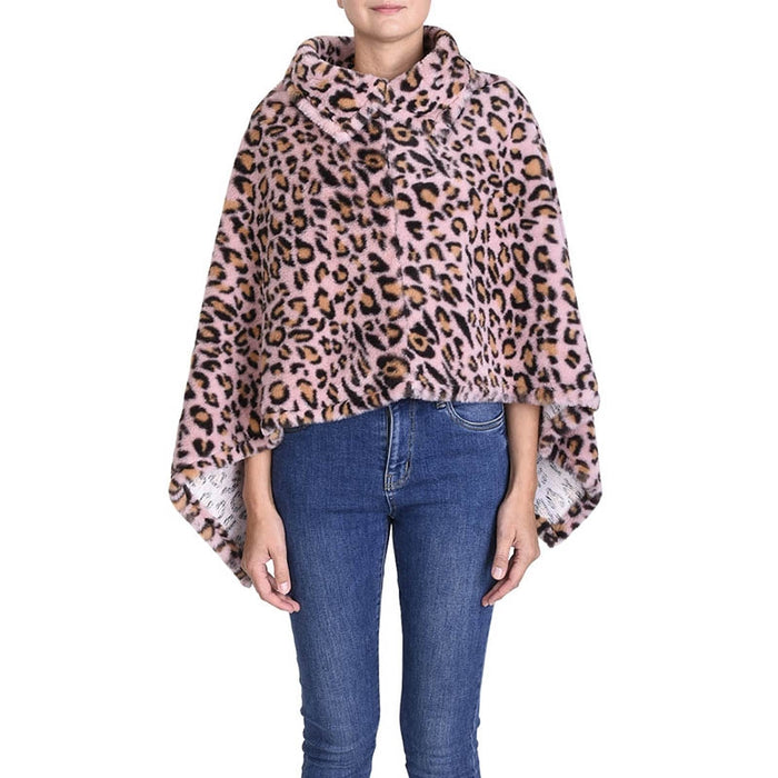 Faux Leopard Fur Collar Poncho - Rose Clair