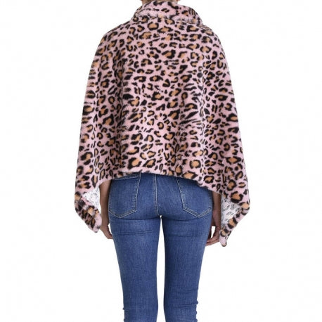 Faux Leopard Fur Collar Poncho - Rose Clair